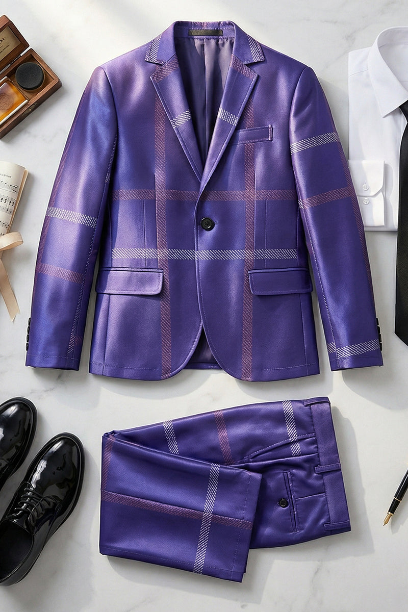 Boys Deep Purple Plaid 2-Piece Suit for Garden Weddings & Outdoor
