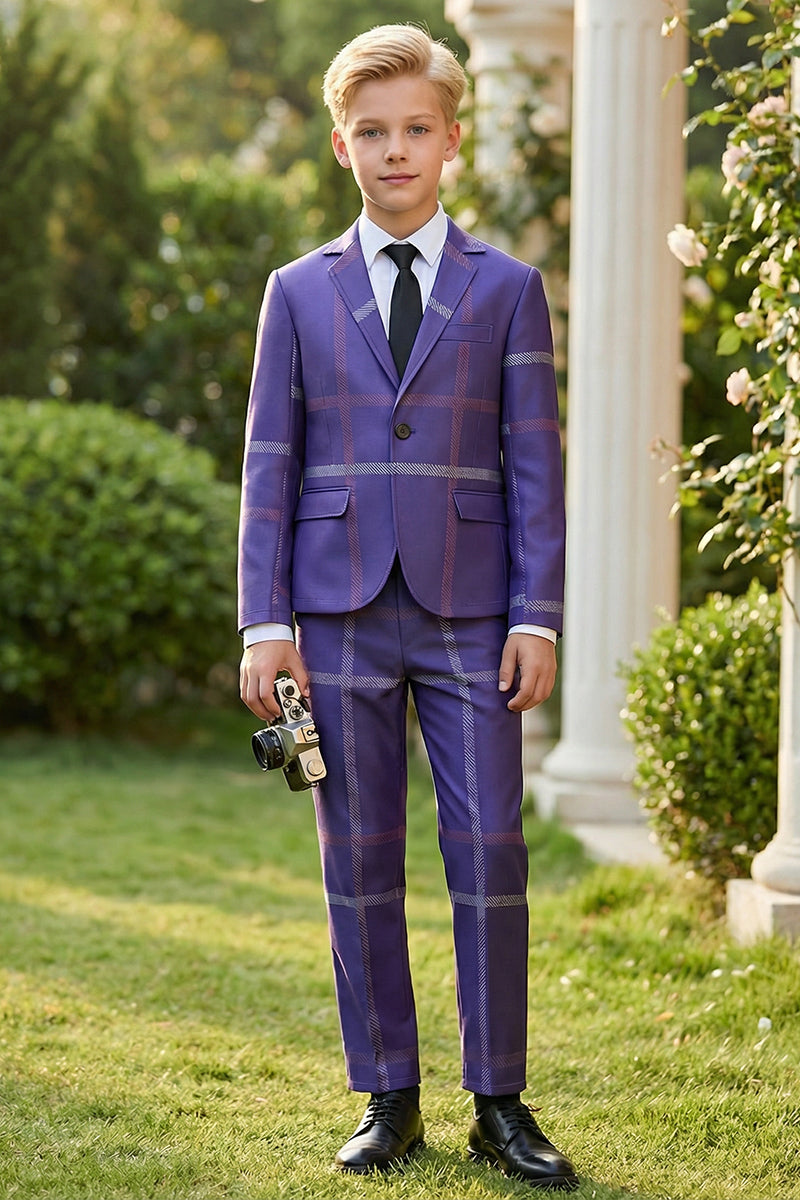 Boys Deep Purple Plaid 2-Piece Suit for Garden Weddings & Outdoor