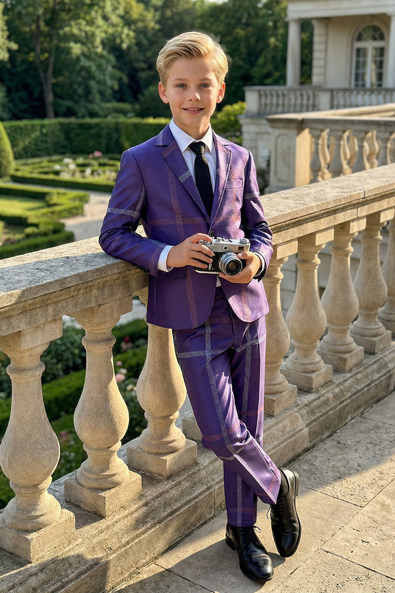 Boys Deep Purple Plaid 2-Piece Suit for Garden Weddings & Outdoor