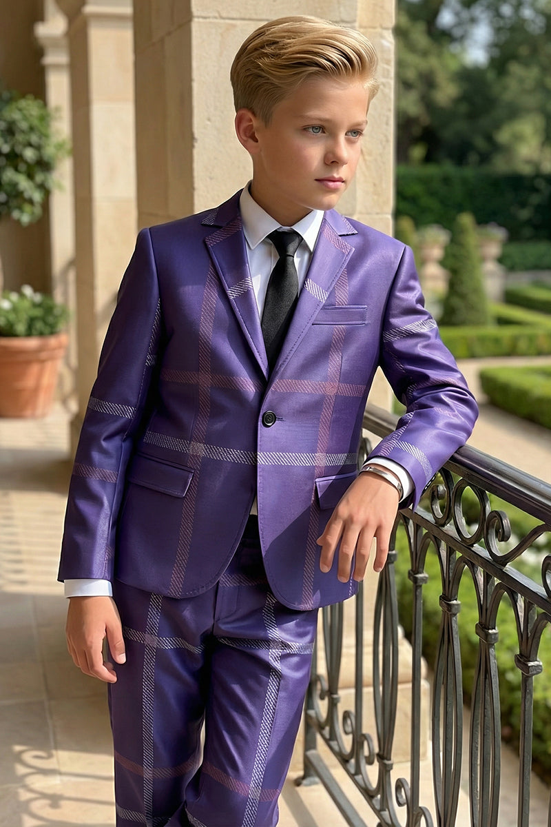 Boys Deep Purple Plaid 2-Piece Suit for Garden Weddings & Outdoor