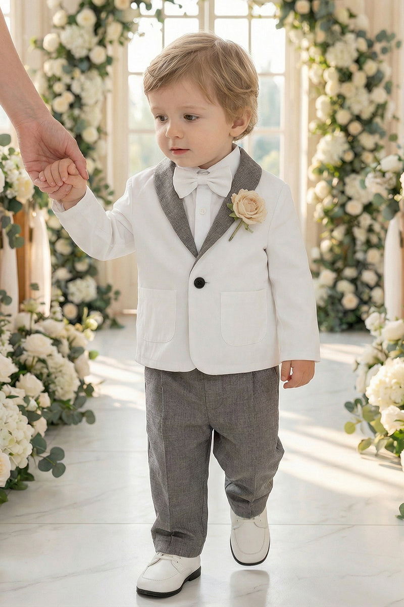 Boys White 2-Piece Suit with Grey Shawl Collar for Garden Weddings