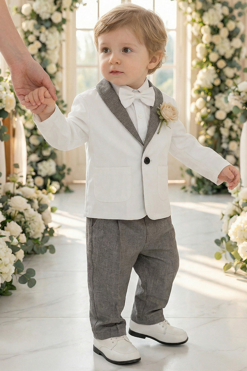 Boys White 2-Piece Suit with Grey Shawl Collar for Garden Weddings