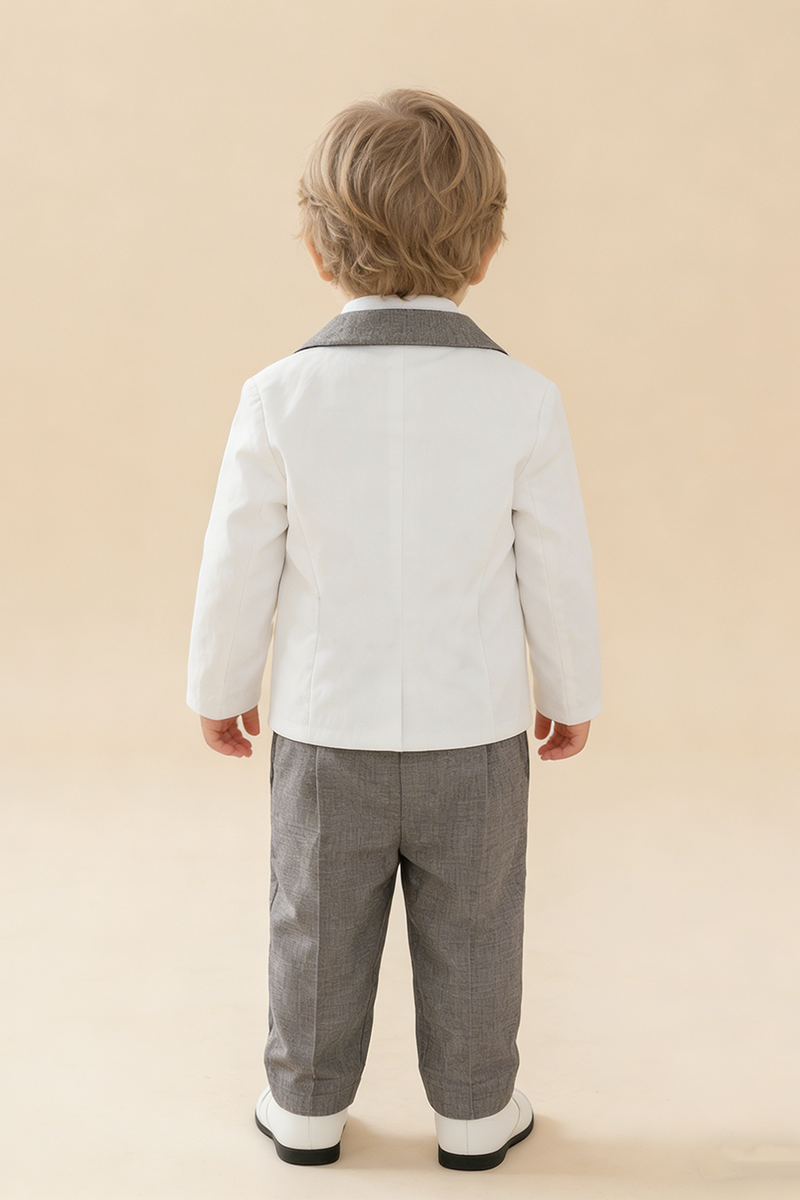 Boys White 2-Piece Suit with Grey Shawl Collar for Garden Weddings