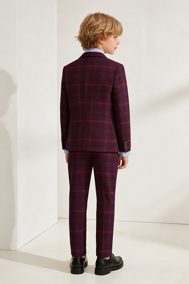 Boys Burgundy Plaid Double-Breasted 2-Piece Suit for Modern Garden Weddings