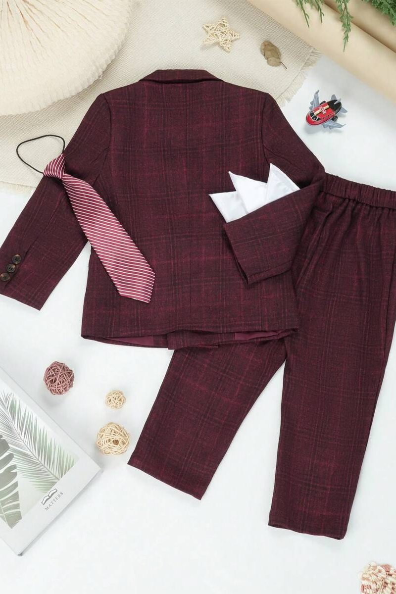 Boys Burgundy Plaid Double-Breasted 2-Piece Suit for Modern Garden Weddings