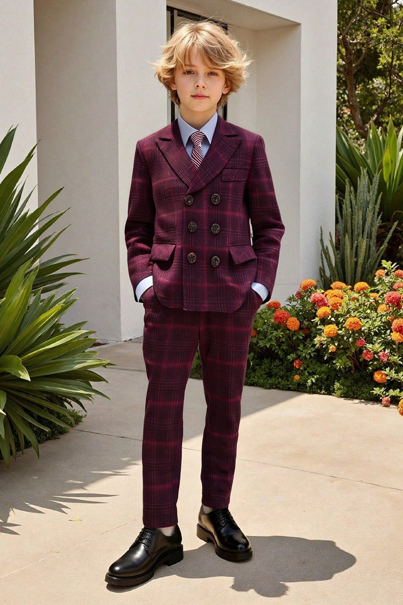 Boys Burgundy Plaid Double-Breasted 2-Piece Suit for Modern Garden Weddings
