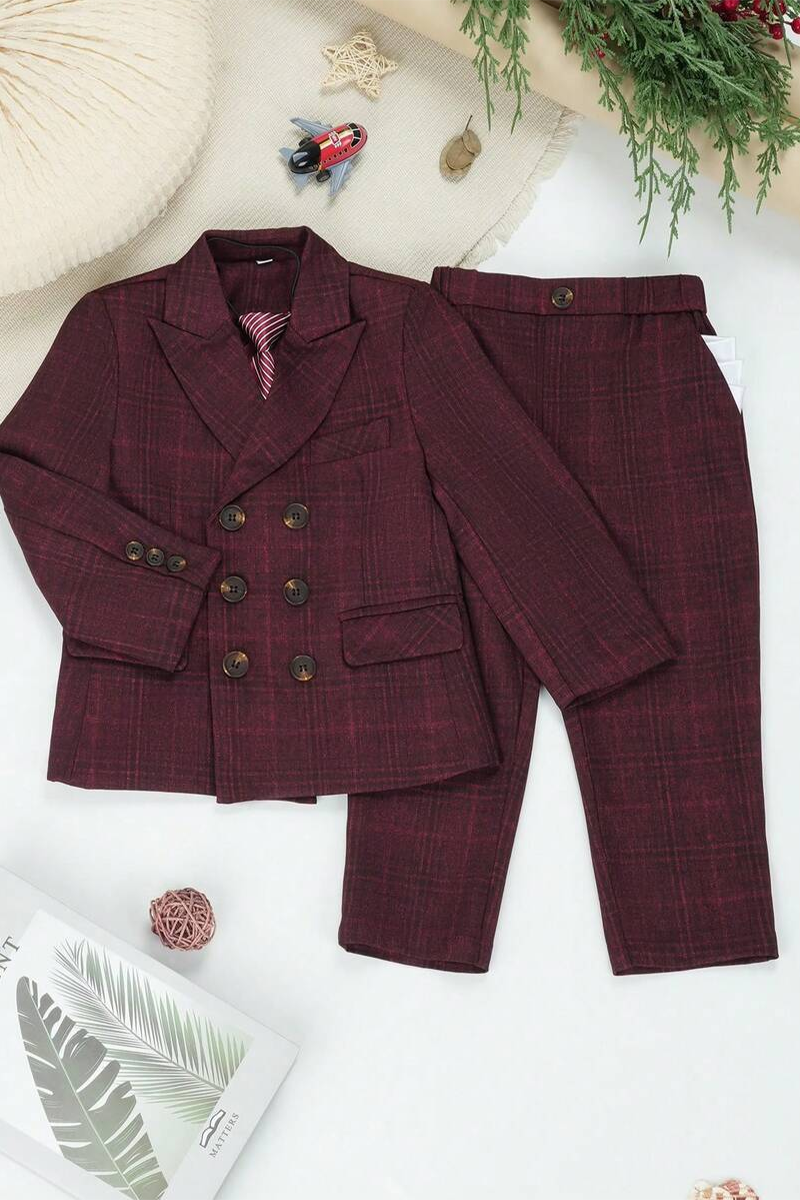 Boys Burgundy Plaid Double-Breasted 2-Piece Suit for Modern Garden Weddings