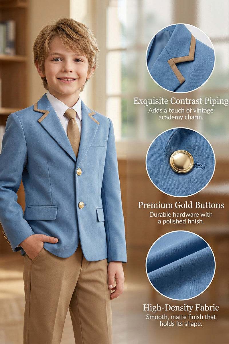 Boys Sky Blue Blazer & Khaki Trousers 2-Piece Suit