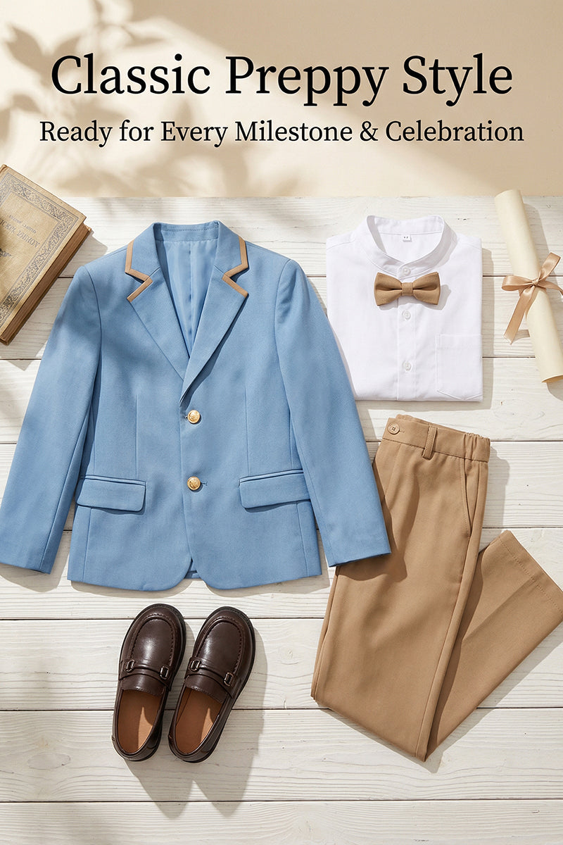 Boys Sky Blue Blazer & Khaki Trousers 2-Piece Suit