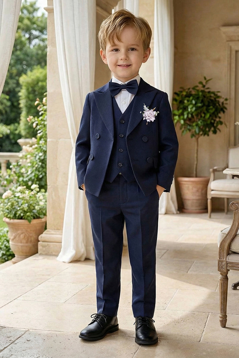 Boys Navy Blue Double-Breasted 3-Piece Suit for Garden Weddings