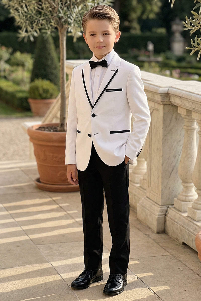 Boys White With Black Trim Single-Breasted 2-Piece Suit