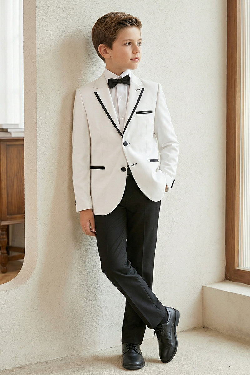 Boys White With Black Trim Single-Breasted 2-Piece Suit