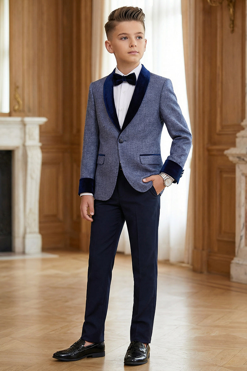 Boys Blue-gray Paired With A Navy Blue Velvet Collar Single-Breasted 2-Piece Suit