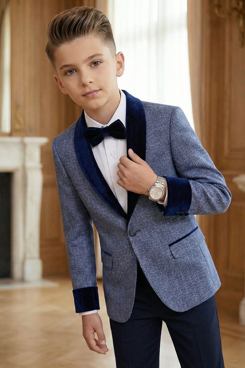 Boys Blue-gray Paired With A Navy Blue Velvet Collar Single-Breasted 2-Piece Suit