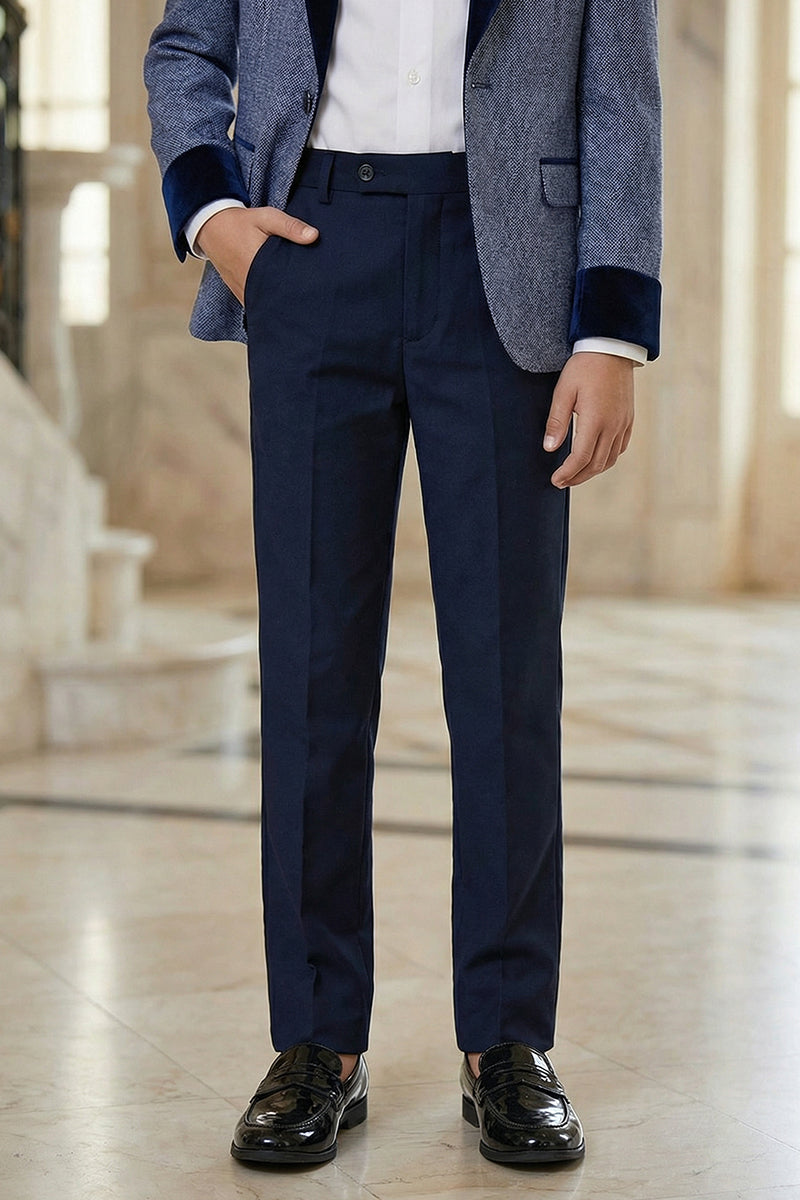 Boys Blue-gray Paired With A Navy Blue Velvet Collar Single-Breasted 2-Piece Suit
