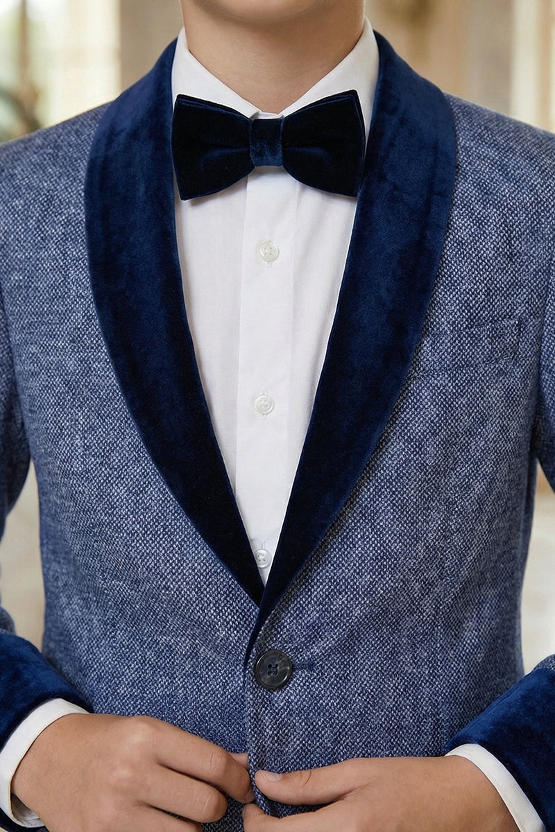 Boys Blue-gray Paired With A Navy Blue Velvet Collar Single-Breasted 2-Piece Suit