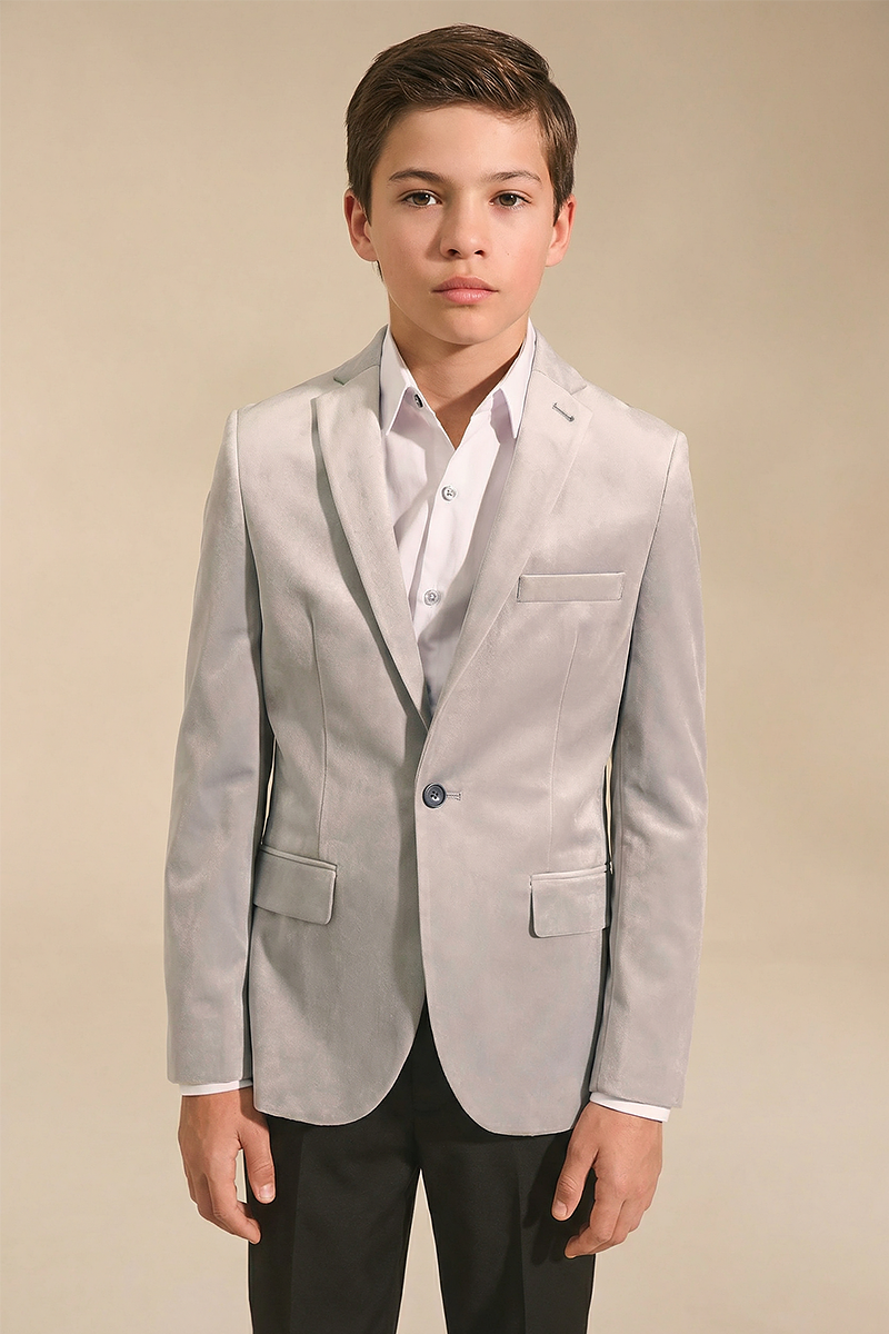 Boys Light Grey Notch Lapel Velvet Jacket