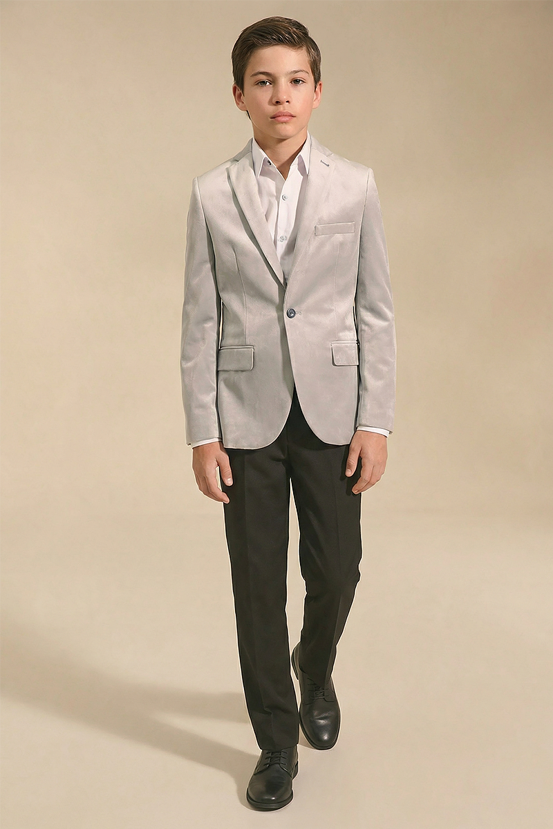Boys Light Grey Notch Lapel Velvet Jacket