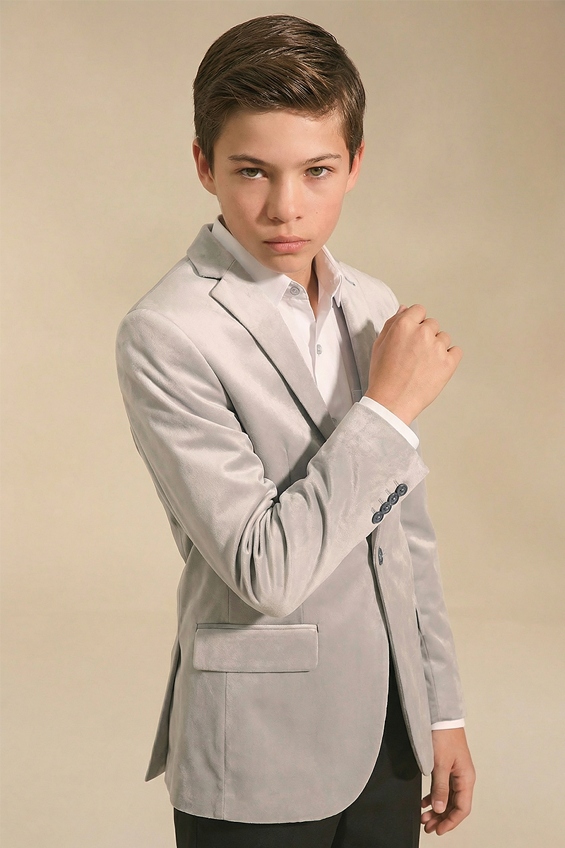 Boys Light Grey Notch Lapel Velvet Jacket