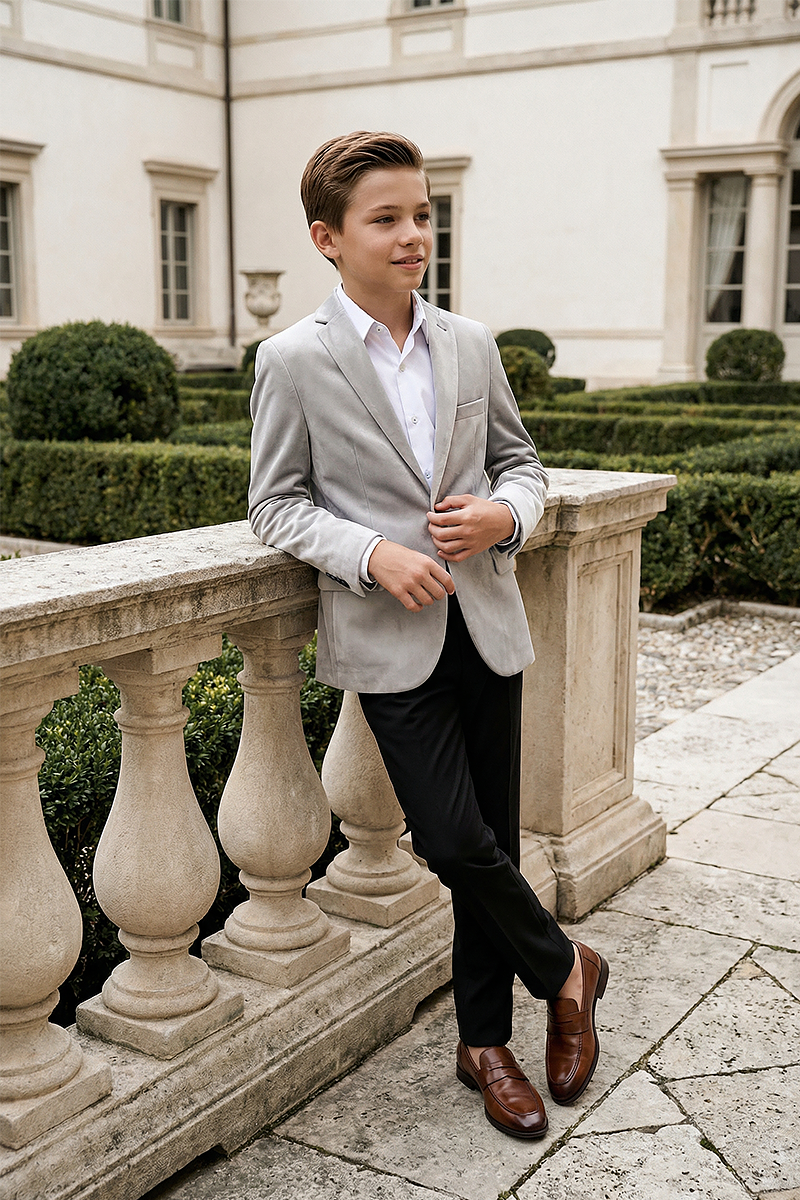 Boys Light Grey Notch Lapel Velvet Jacket