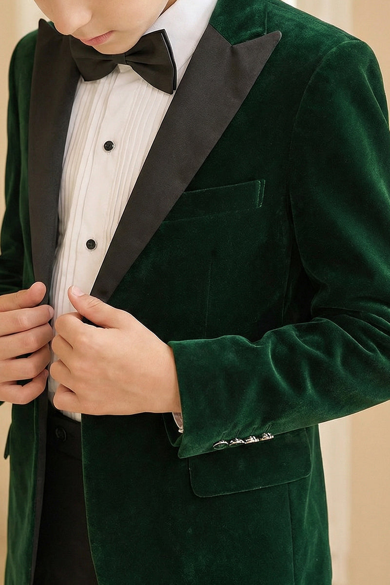 Boys Dark Green Velvet Single-Breasted 2-Piece Suit