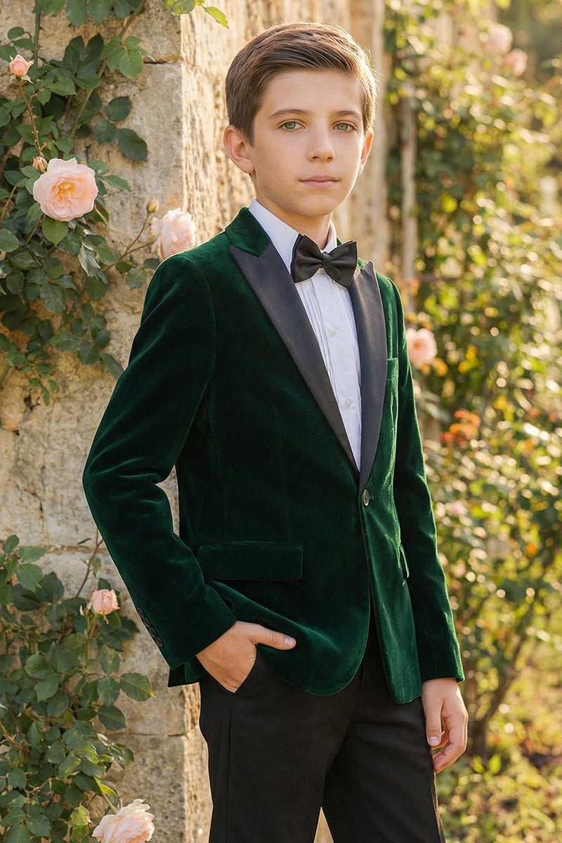 Boys Dark Green Velvet Single-Breasted 2-Piece Suit