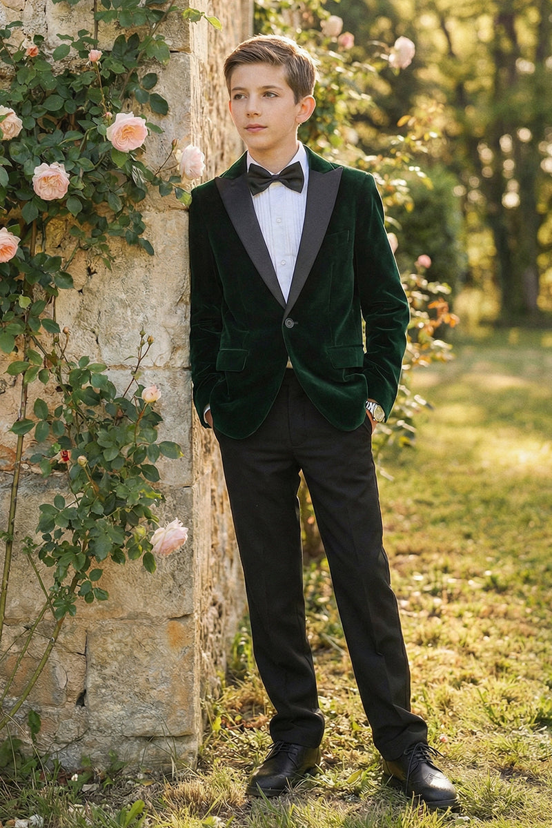 Boys Dark Green Velvet Single-Breasted 2-Piece Suit