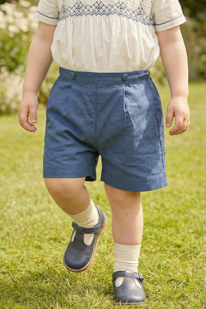 Boys Classic Blue Linen Shorts for Weddings with Tailored Fit(2-8YRS)