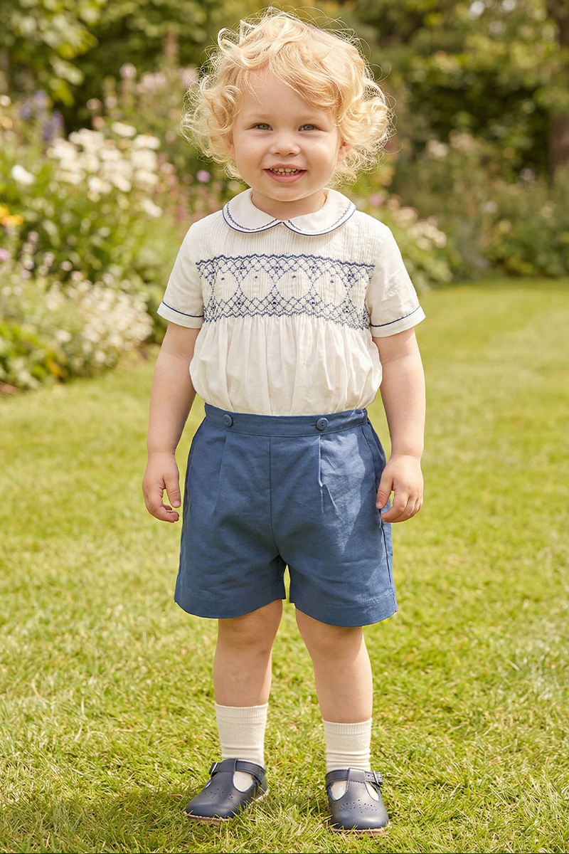 Boys Classic Blue Linen Shorts for Weddings with Tailored Fit(2-8YRS)