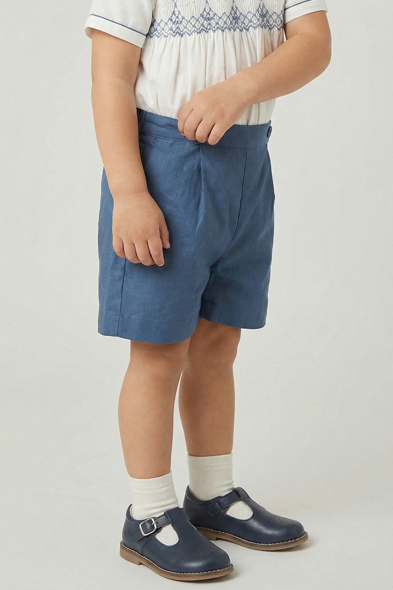 Boys Classic Blue Linen Shorts for Weddings with Tailored Fit(2-8YRS)