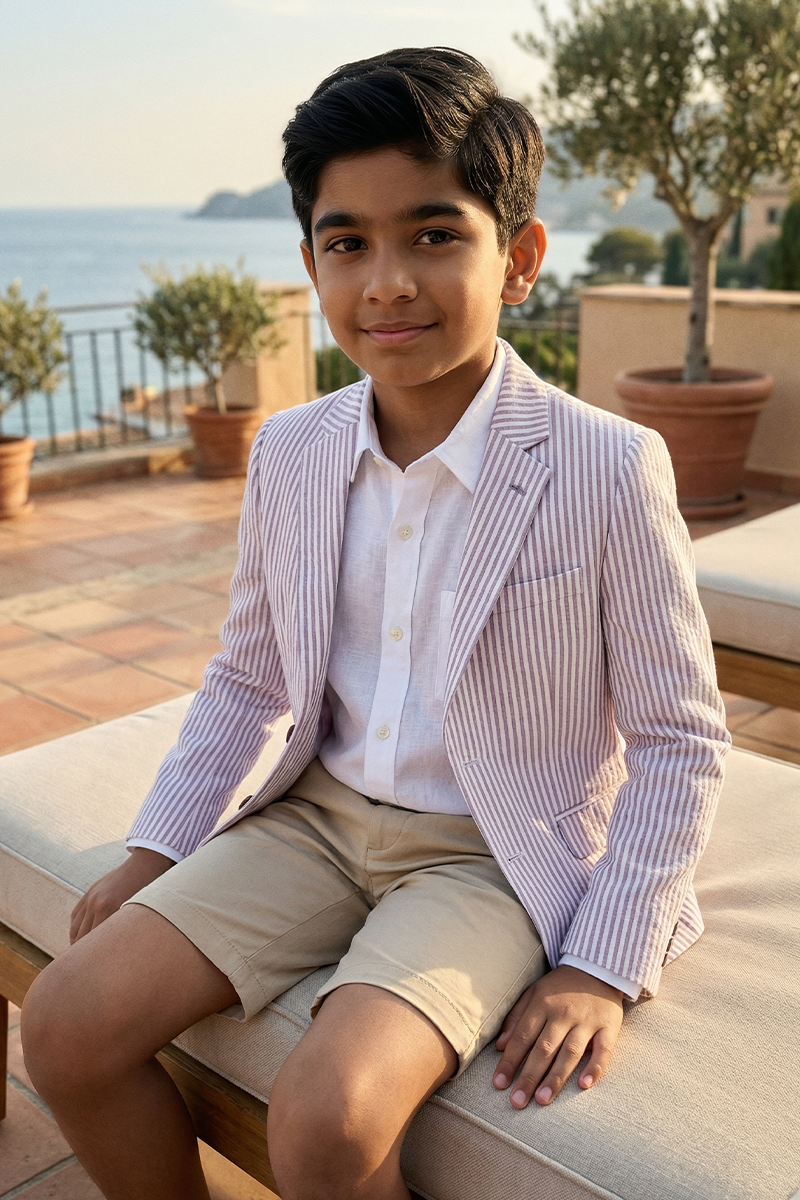 Boys Striped Seersucker Blazer for Weddings with Notch Lapel