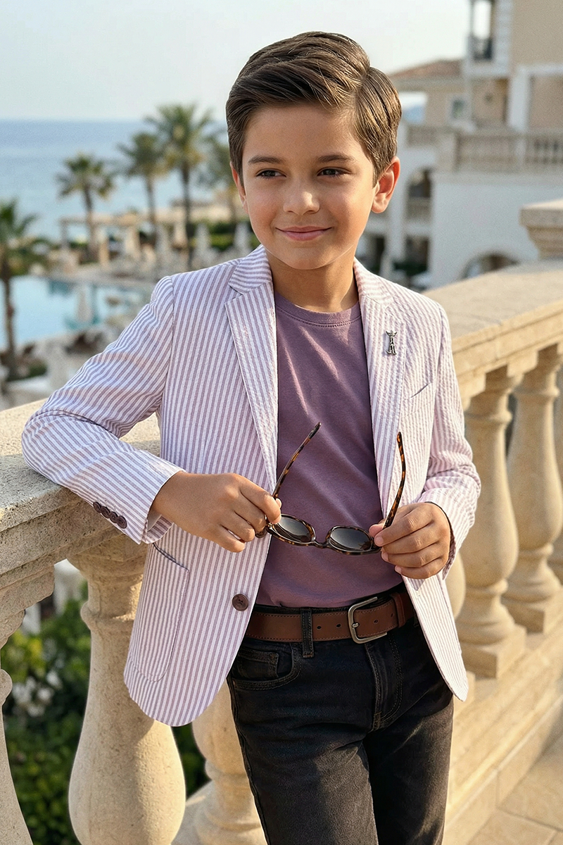Boys Striped Seersucker Blazer for Weddings with Notch Lapel