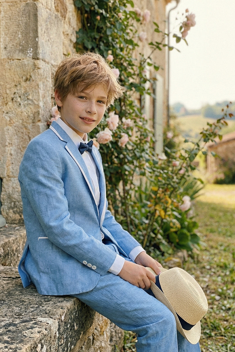 Boys Sky Blue With White Trim Single-Breasted 2-Piece Suit