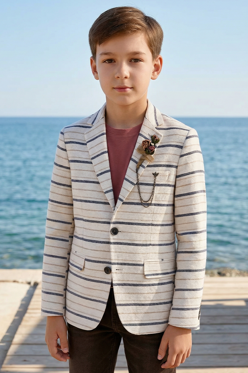 Boys Striped Linen Blazer for Weddings with Notch Lapel
