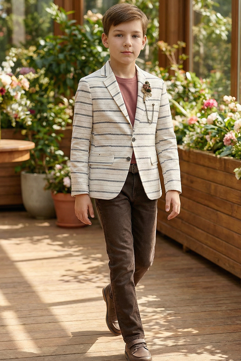 Boys Striped Linen Blazer for Weddings with Notch Lapel