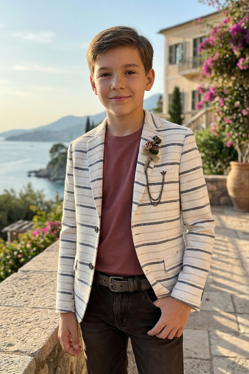 Boys Striped Linen Blazer for Weddings with Notch Lapel