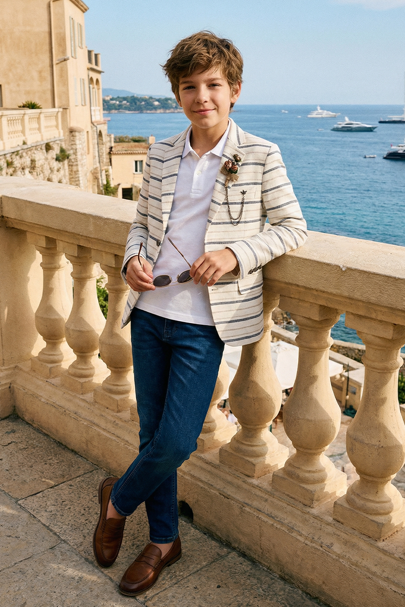 Boys Striped Linen Blazer for Weddings with Notch Lapel