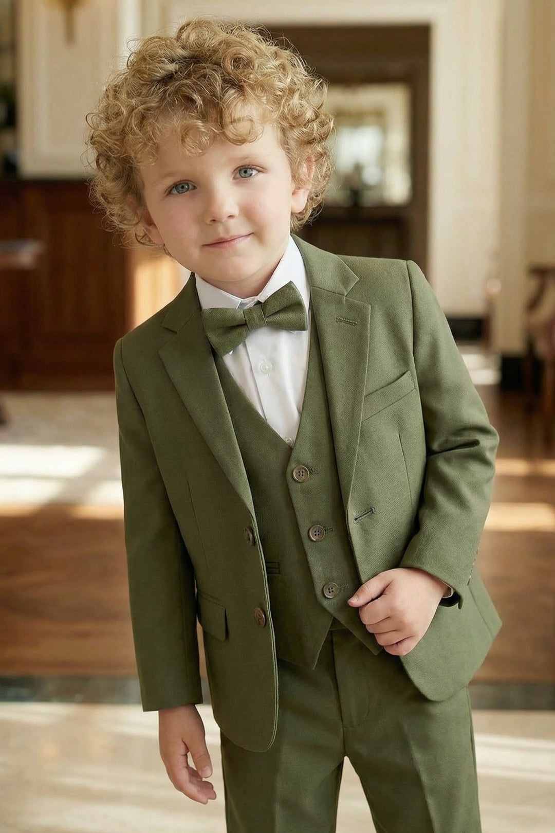 Boys Olive Green 3-Piece Suit with Notch Lapel