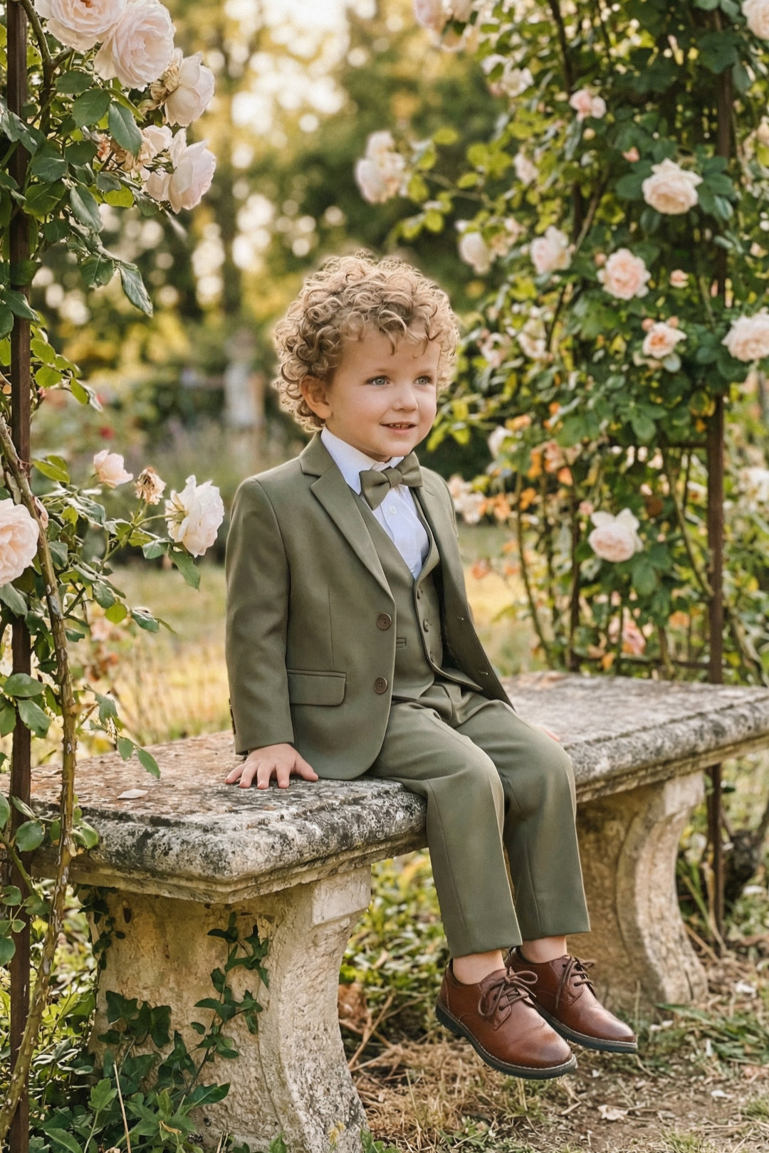 Boys Olive Green 3-Piece Suit with Notch Lapel