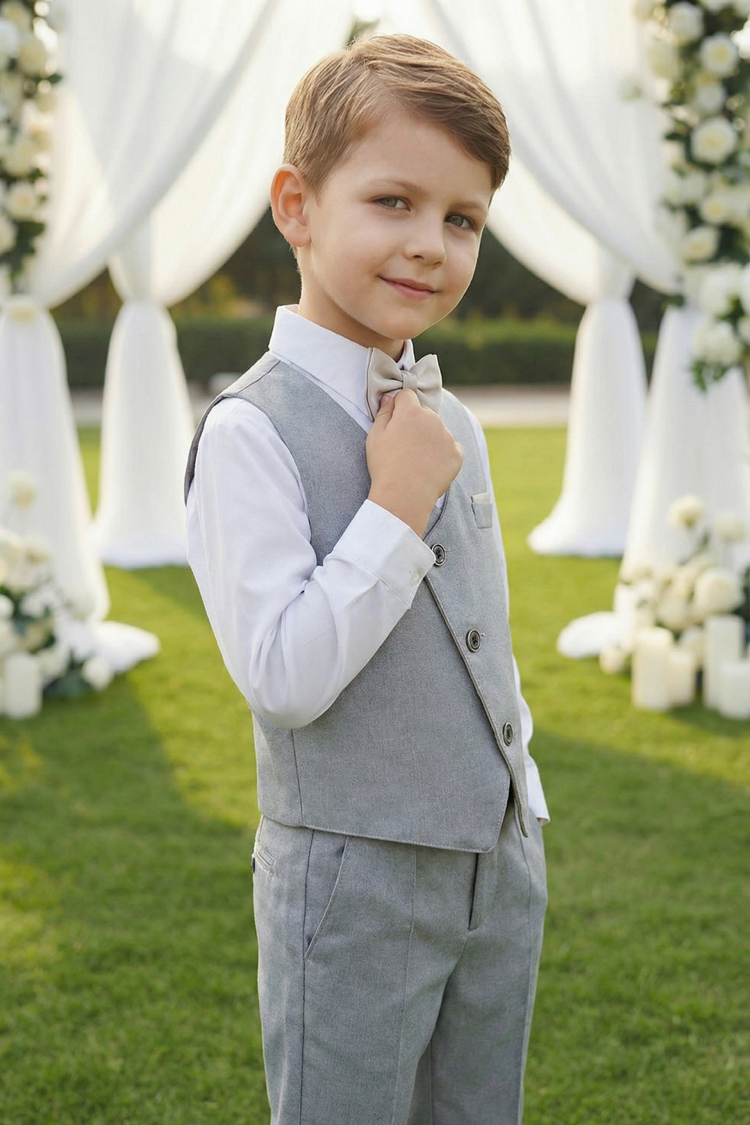 Boys Light Grey Asymmetric Vest & Trousers Set