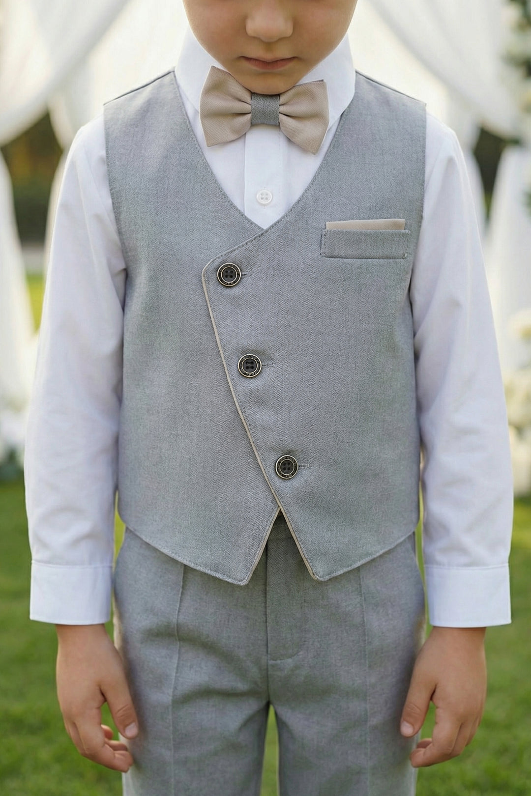 Boys Light Grey Asymmetric Vest & Trousers Set