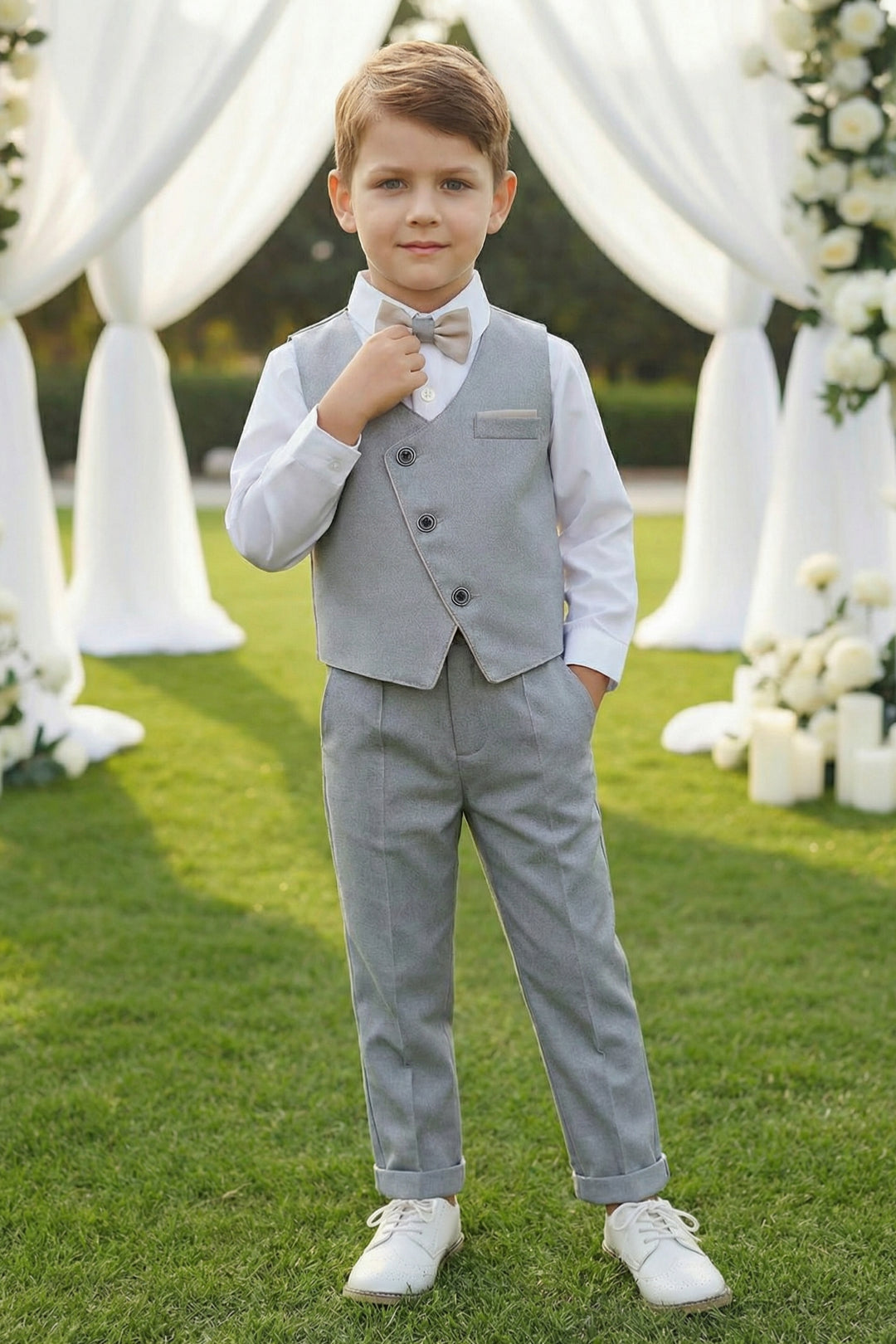 Boys Light Grey Asymmetric Vest & Trousers Set