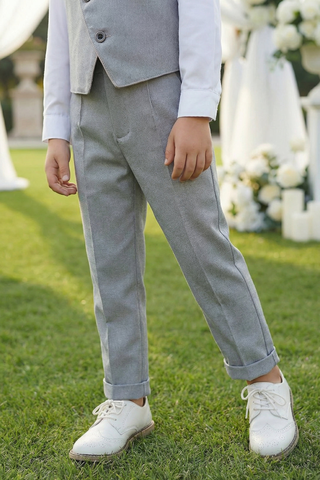 Boys Light Grey Asymmetric Vest & Trousers Set