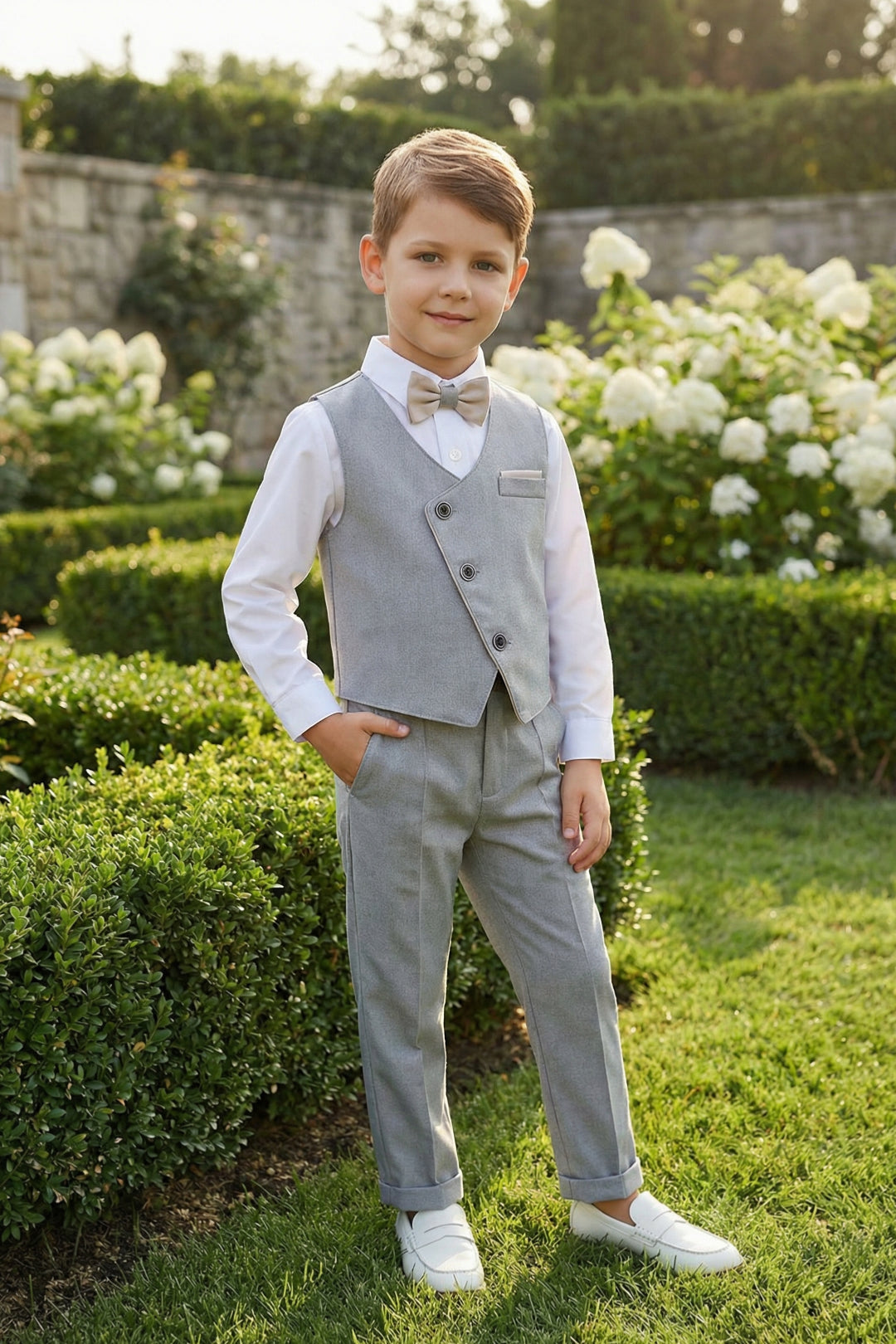 Boys Light Grey Asymmetric Vest & Trousers Set