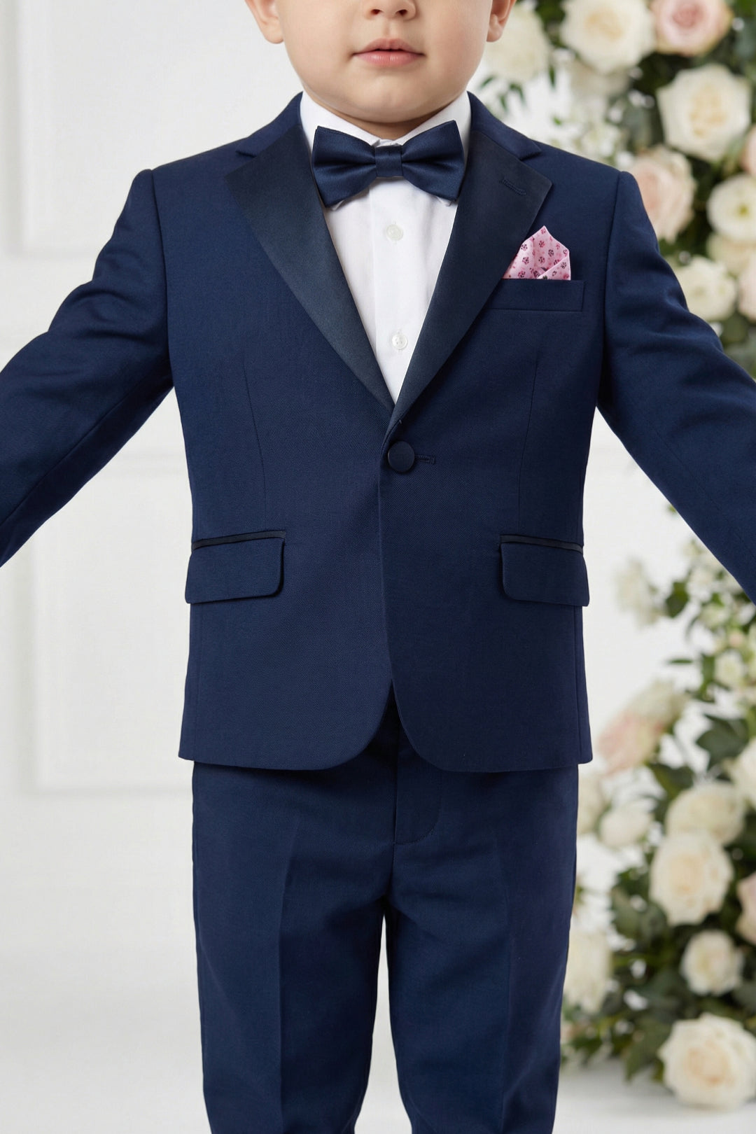 Boys Navy Blue Tuxedo 2-Piece Set with Black Satin Shawl Lapel