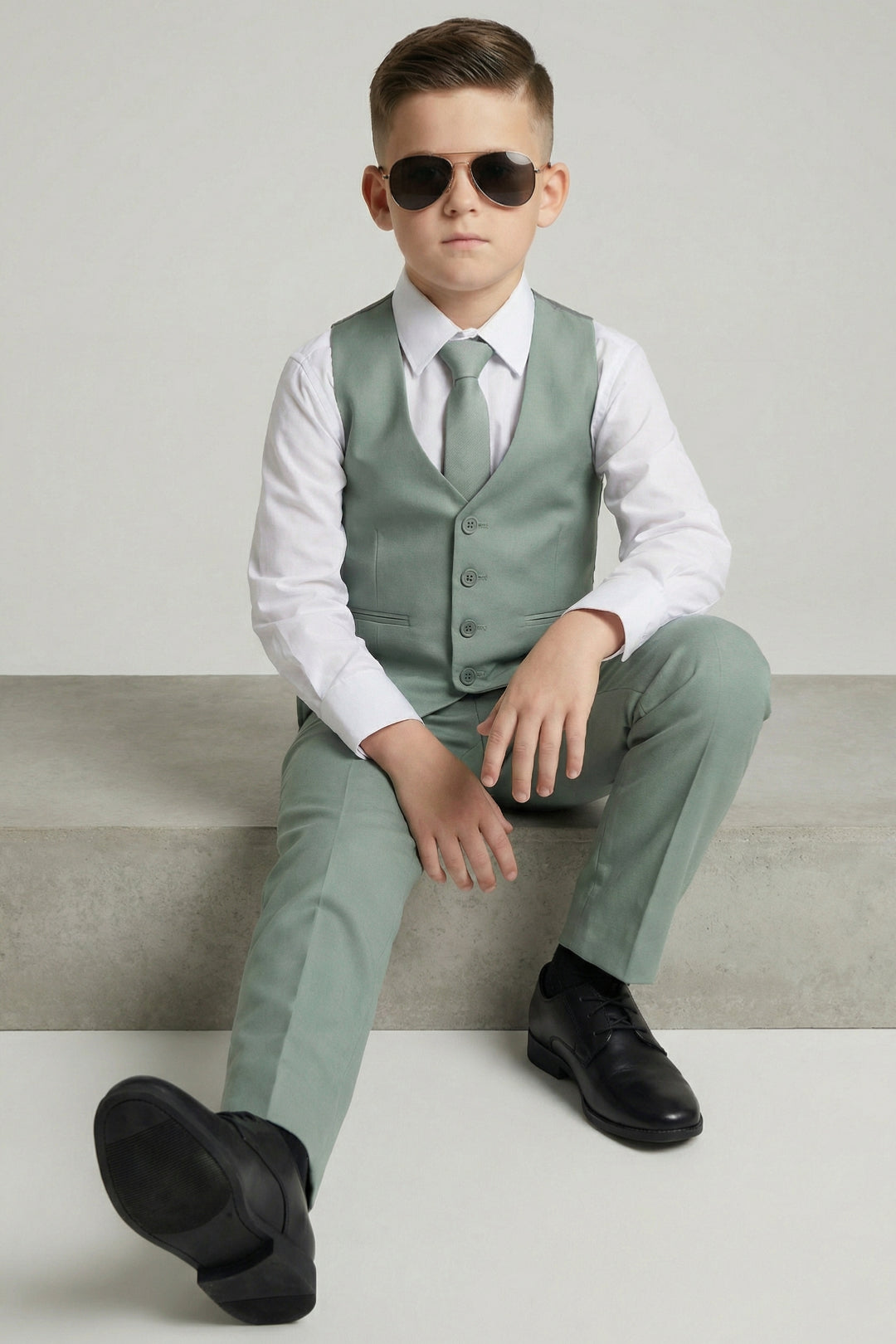 Boys Sage Green Vest & Trousers Set