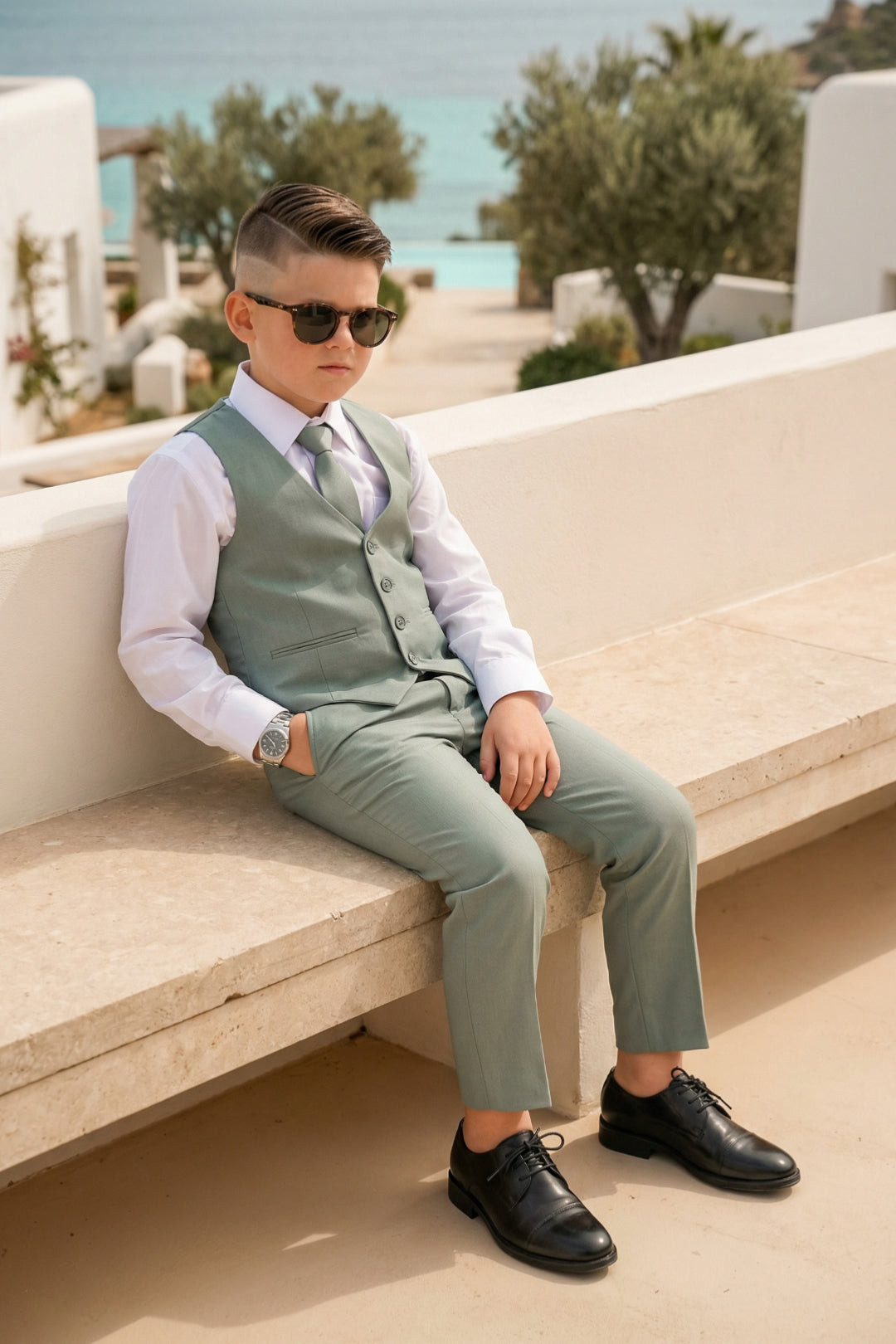 Boys Sage Green Vest & Trousers Set