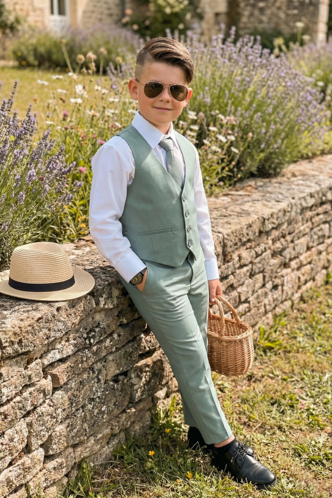 Boys Sage Green Vest & Trousers Set