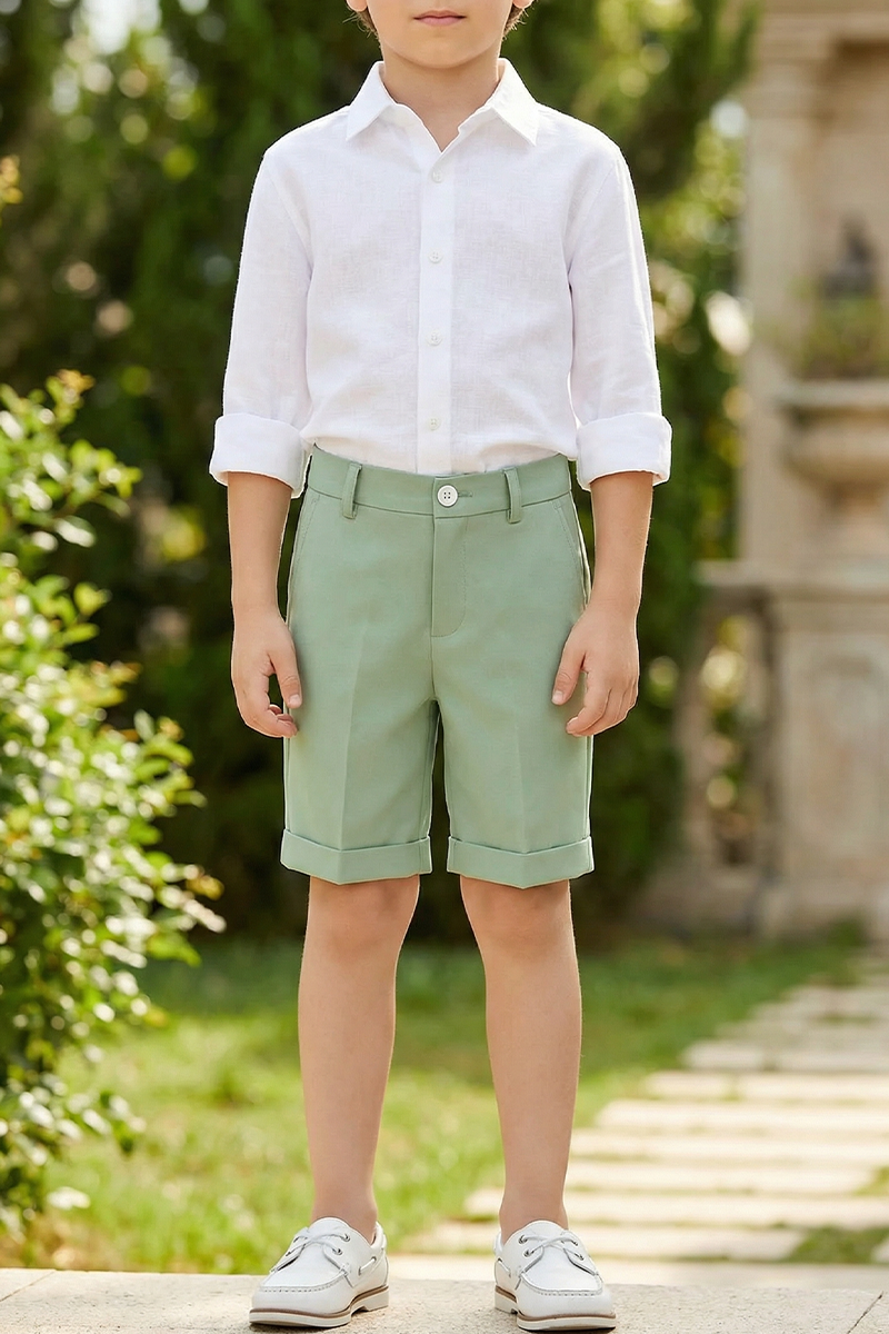 Boys Sage Green Dress Shorts for Weddings with Tailored Finish