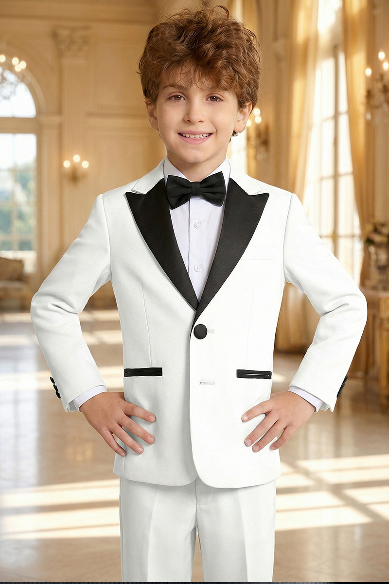 Boys White & Black Shawl Collar 2-Piece Tuxedo for Luxury Weddings & Galas